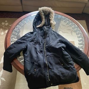 black puffer long jacket